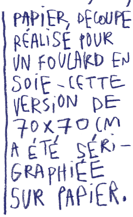 Papier découpé réalisé pour un foulard en soie. Cette version de 70X70 cm a été sérigraphiée sur papier. 